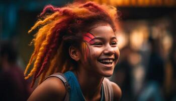 Jeune femmes souriant, profiter nature, insouciant et sur de soi en plein air généré par ai photo