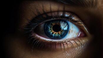 un femme regarder avec bleu yeux, partie de mode portrait généré par ai photo