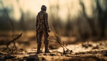 armée soldat dans camouflage Vêtements visée fusil dans forêt champ de bataille généré par ai photo