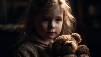 mignonne caucasien fille souriant, en portant nounours ours, profiter enfance à l'intérieur généré par ai photo