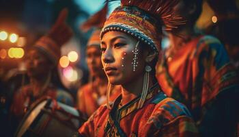 coloré traditionnel Festival fête des cultures avec Jeune adultes et femelles généré par ai photo