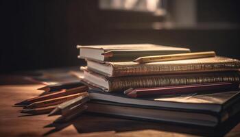 antique bibliothèque collection vieux littérature, sagesse, et compétence en train d'étudier généré par ai photo