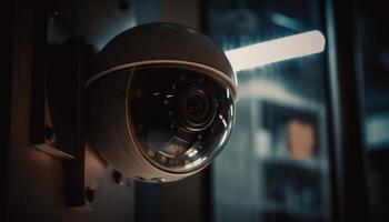 surveillance La technologie découvre la criminalité avec Sécurité caméra proche en haut lentille généré par ai photo