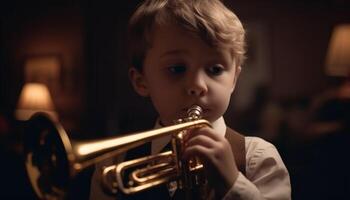 mignonne caucasien musicien soufflant trompette, pratiquant pour joyeux performance un événement généré par ai photo