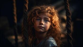 un mignonne fille avec frisé marron cheveux en jouant dans forêt généré par ai photo