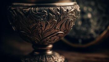 antique en bois table avec cuivre verre de vin, célébrer spiritualité et histoire généré par ai photo