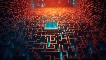 embrasé bleu toile de fond illumine complexe binaire code dans une futuriste Labyrinthe généré par ai photo