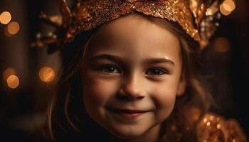 souriant enfant dans tiare, bonheur et joie à social un événement généré par ai photo