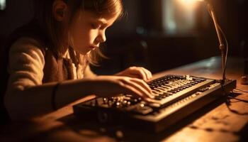 mignonne caucasien fille en jouant piano, dactylographie sur vieux façonné machine à écrire généré par ai photo
