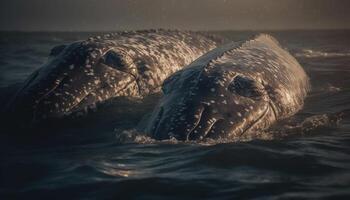 majestueux à bosse baleine nage dans tranquille Arctique des eaux à crépuscule généré par ai photo