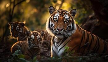 majestueux Bengale tigre regarder à caméra dans tranquille forêt tropicale généré par ai photo