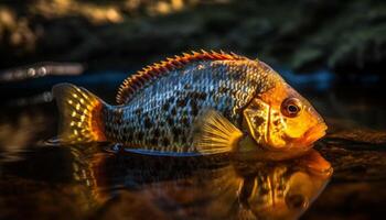 multi coloré poisson nager dans eau fraiche étang, proche en haut de animal œil généré par ai photo