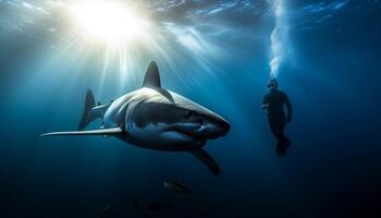 Hommes et femmes plongée dans bleu l'eau avec aquatique animaux généré par ai photo