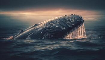 majestueux à bosse baleine violations dans le bleu mer à le coucher du soleil généré par ai photo