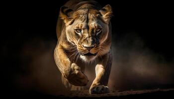 majestueux lionne en regardant, en marchant dans savane, mettant en valeur force et agression généré par ai photo