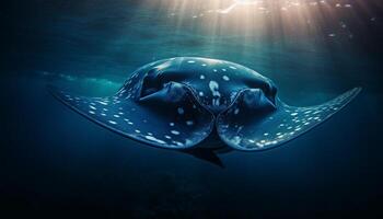 majestueux géant manta rayon nager dans Profond bleu sous-marin généré par ai photo
