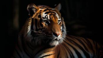 majestueux Bengale tigre regarder avec agression dans tropical forêt tropicale généré par ai photo