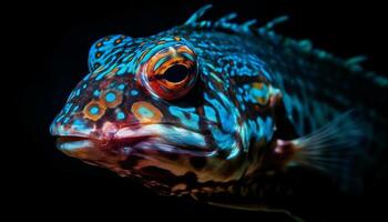 proche en haut de une multi coloré reptile œil dans sous-marin récif généré par ai photo