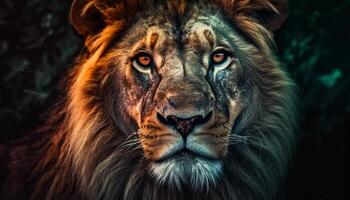 majestueux Lion regarder à caméra, fourrure et crinière dans concentrer généré par ai photo