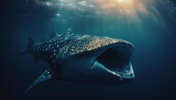 majestueux sous-marin animal nager dans Profond bleu mer avec les dents généré par ai photo