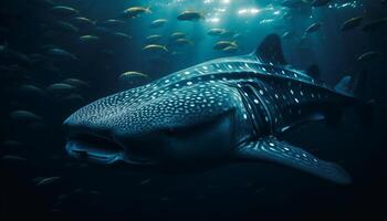 majestueux Pointé baleine requin nager dans Profond bleu eau salée récif généré par ai photo