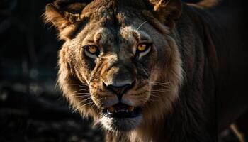 majestueux lionne regarder à caméra dans africain région sauvage savane généré par ai photo