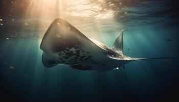 majestueux sous-marin paysage, géant manta rayon nager dans tropical récif généré par ai photo