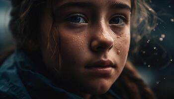 souriant enfant embrasse la nature goutte de pluie, une portrait de innocence généré par ai photo