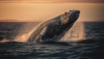 majestueux à bosse baleine violations dans le coucher de soleil, éclabousser dans mouvement généré par ai photo