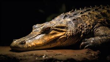 grand crocodile repos dans foncé marais, dangereux animal dans la nature généré par ai photo