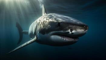 majestueux géant reptile, avec tranchant dents, nager dans Profond bleu généré par ai photo