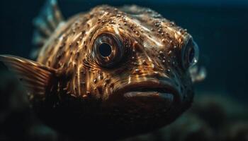 proche en haut portrait de mignonne Jaune poisson-ballon au dessous de sous-marin récif généré par ai photo