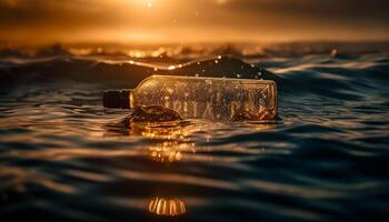 un la personne sur une naufragé aventure avec une du vin bouteille généré par ai photo