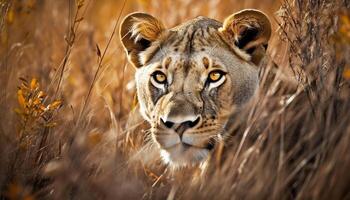 en danger Bengale tigre cache dans plaine vue, alerte et majestueux généré par ai photo