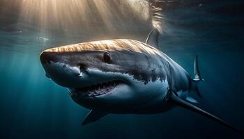 majestueux dauphin, en danger dans tropical climat, spectacles agression sous-marin généré par ai photo