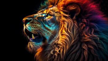 majestueux Lion regarder violemment, les dents mis à nu, dans proche en haut portrait généré par ai photo