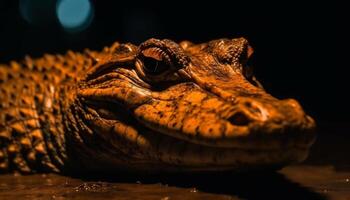 agressif crocodile regarde violemment, les dents mis à nu, dans le foncé marais généré par ai photo