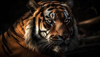 proche en haut portrait de majestueux Bengale tigre regarder avec agression généré par ai photo