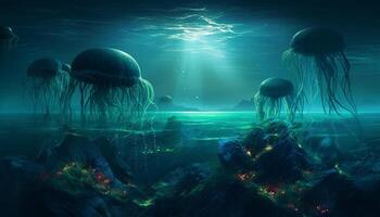Profond mer plongée révèle le mystère de embrasé sous-marin paysages généré par ai photo