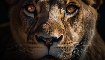 majestueux lionne en regardant, sélectif concentrer sur crinière et moustaches généré par ai photo