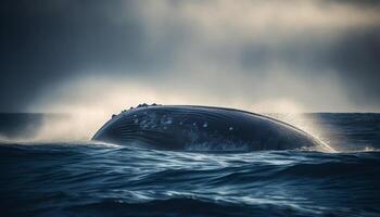 bleu à bosse infractions, éclabousser dans paysage marin, dauphin et baleine en train de regarder généré par ai photo