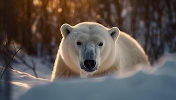 mignonne Arctique mammifère en marchant dans neige, à la recherche à caméra généré par ai photo