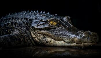 agressif crocodile repos dans marais, danger cachette dans noir l'eau généré par ai photo
