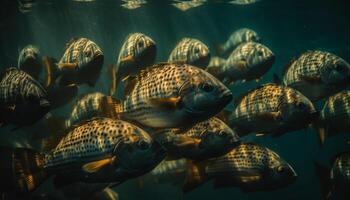 une grand groupe de multi coloré poisson nager dans une récif généré par ai photo