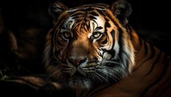 magnifique Bengale tigre regarder violemment dans le tranquille forêt tropicale généré par ai photo