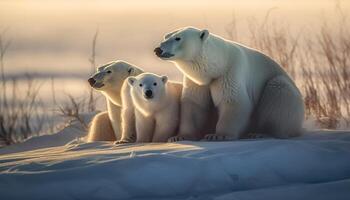 une famille de Trois chiens en marchant dans le Arctique hiver généré par ai photo