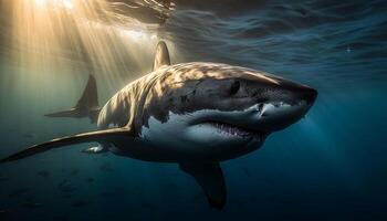 majestueux sous-marin géant, manta rayon, nager dans Naturel beauté généré par ai photo