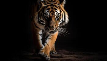 majestueux Bengale tigre en marchant dans tropical forêt tropicale, regarder à caméra généré par ai photo