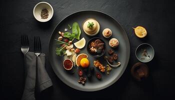 Frais légume salade sur une en bois plaque, une en bonne santé gourmet repas généré par ai photo