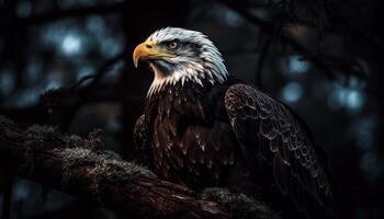 chauve Aigle se percher sur bifurquer, majestueux chasseur dans tranquille forêt généré par ai photo